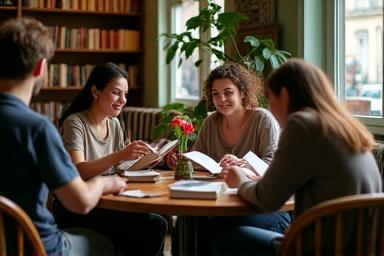 Membres partageant un livre dans un salon parisien